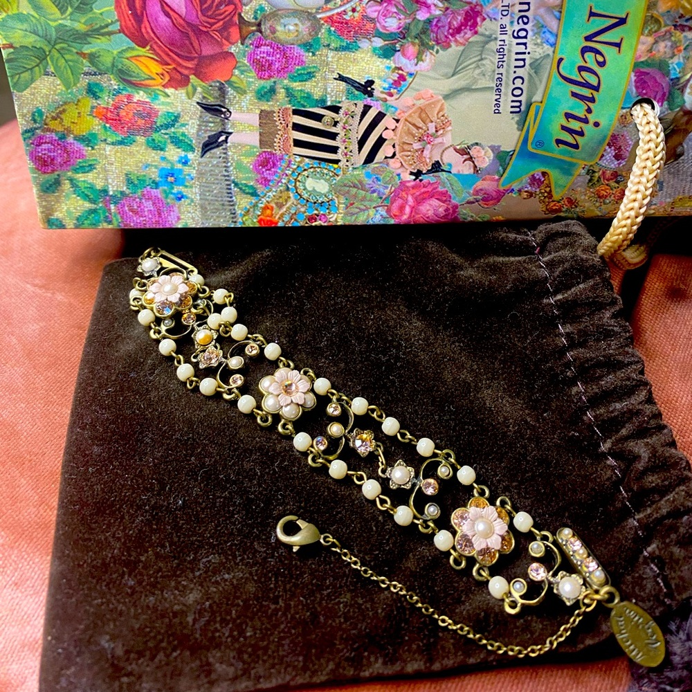 Michal Negrin Handmade Floral and Pearl Bracelet with Swarovski
Crystals